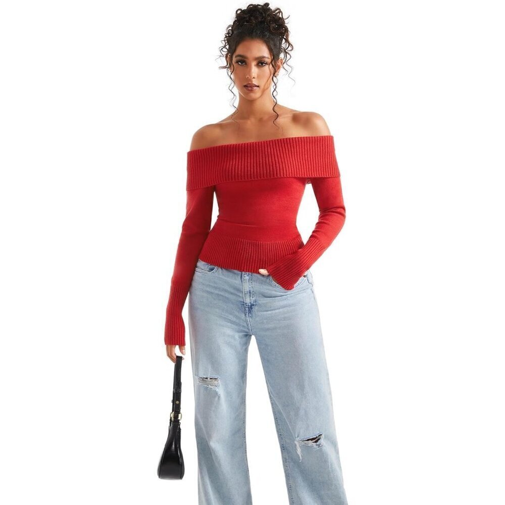 Women Red Brown Off Shoulder Long Sleeve Tops Blouse Sweaters - Picture 5 of 6